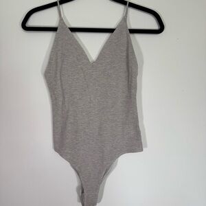 Reformation Gray Ribbed Low Back Bodysuit